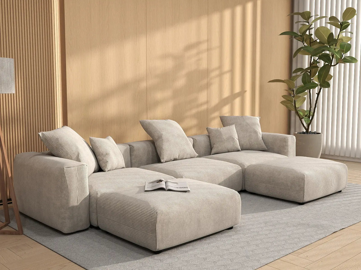 Matrix 3-Seater Beige Washable U-Shaped Sectional | 5-Piece (includes 2 Ottomans), Corduroy Fabric, Modular Design