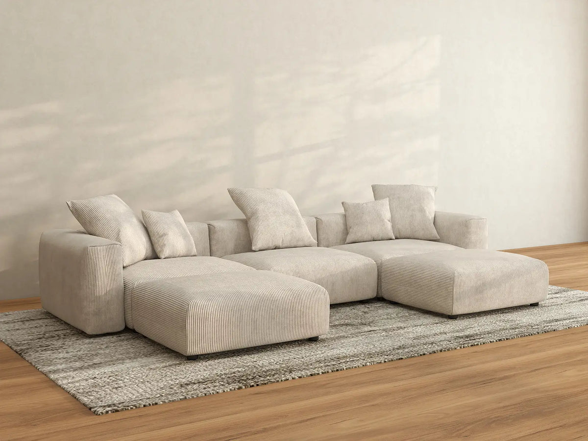 Matrix 3-Seater Beige Washable U-Shaped Sectional | 5-Piece (includes 2 Ottomans), Corduroy Fabric, Modular Design
