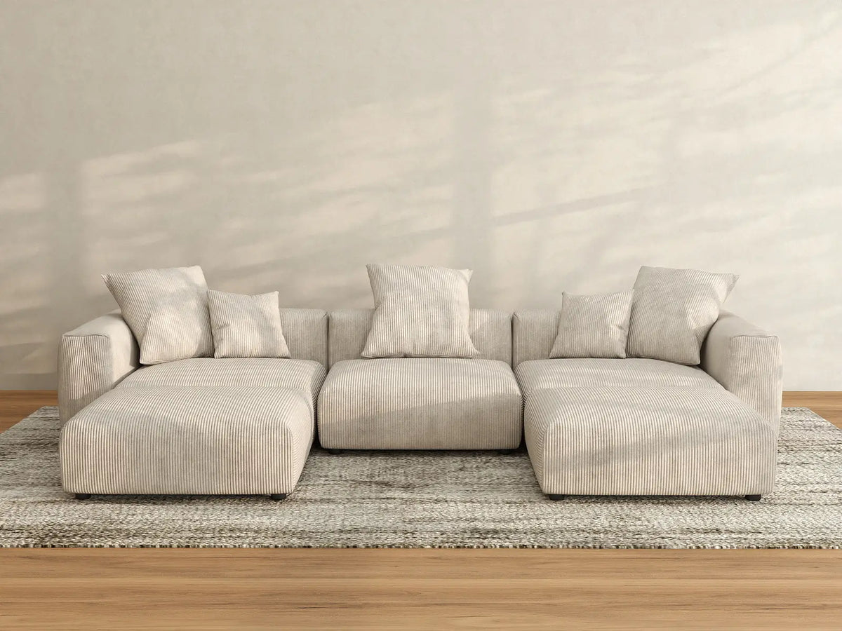 Matrix 3-Seater Beige Washable U-Shaped Sectional | 5-Piece (includes 2 Ottomans), Corduroy Fabric, Modular Design