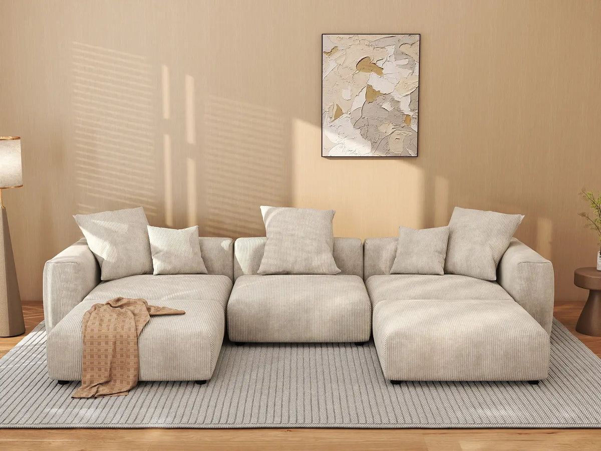 Matrix 3-Seater Beige Washable U-Shaped Sectional | 5-Piece (includes 2 Ottomans), Corduroy Fabric, Modular Design