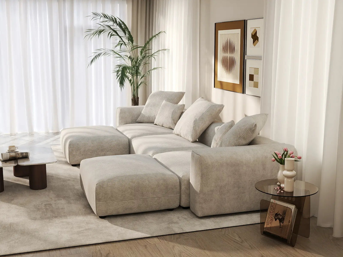 Matrix 3-Seater Beige Washable U-Shaped Sectional | 5-Piece (includes 2 Ottomans), Corduroy Fabric, Modular Design
