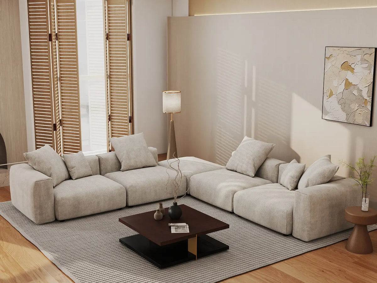 Matrix 4-Seater Beige Washable V-Shaped Sectional | 5-Piece (includes 1 Ottoman), Corduroy Fabric, Modular Design
