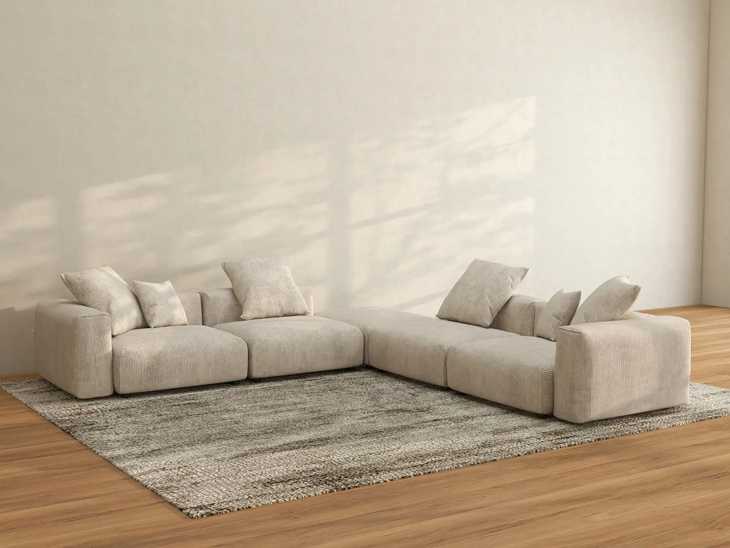 Matrix 4-Seater Beige Washable V-Shaped Sectional | 5-Piece (includes 1 Ottoman), Corduroy Fabric, Modular Design