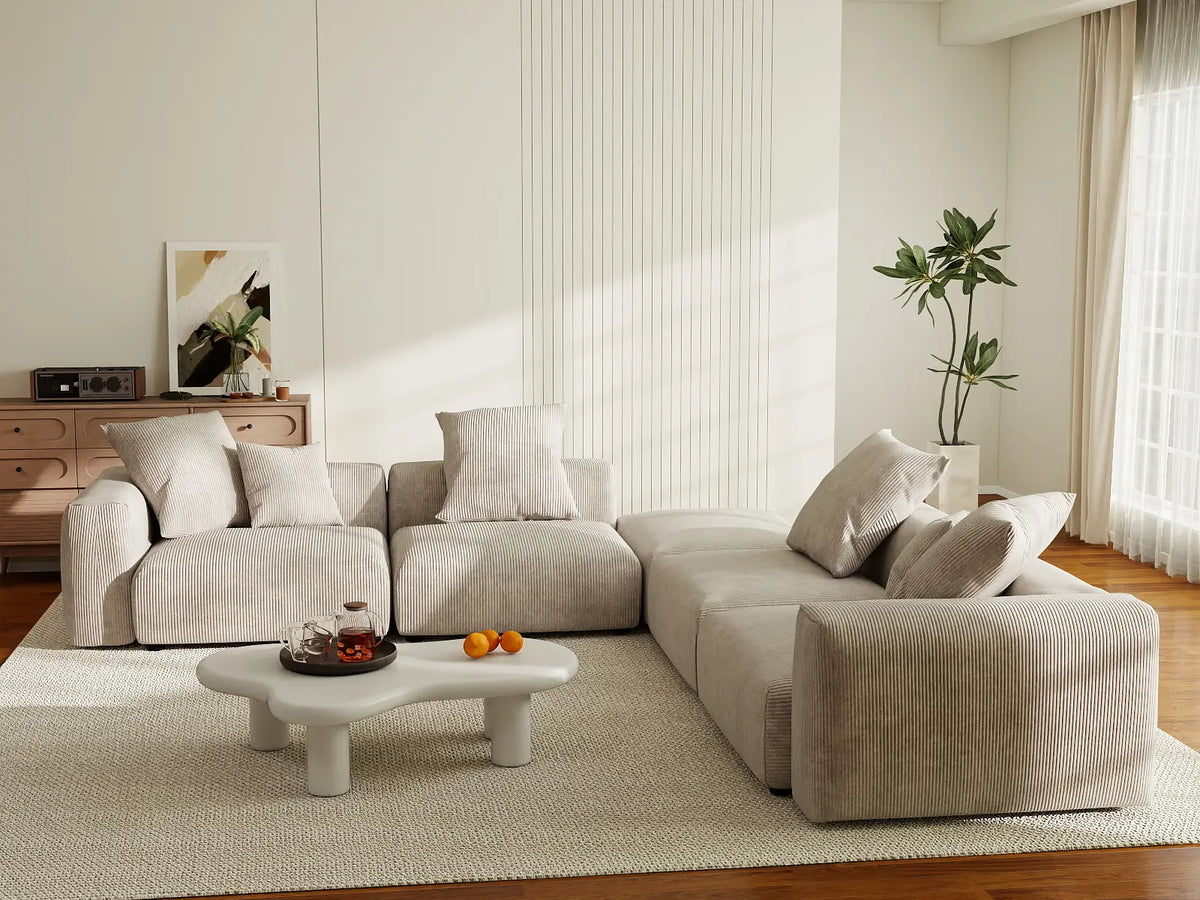 Matrix 4-Seater Beige Washable V-Shaped Sectional | 5-Piece (includes 1 Ottoman), Corduroy Fabric, Modular Design