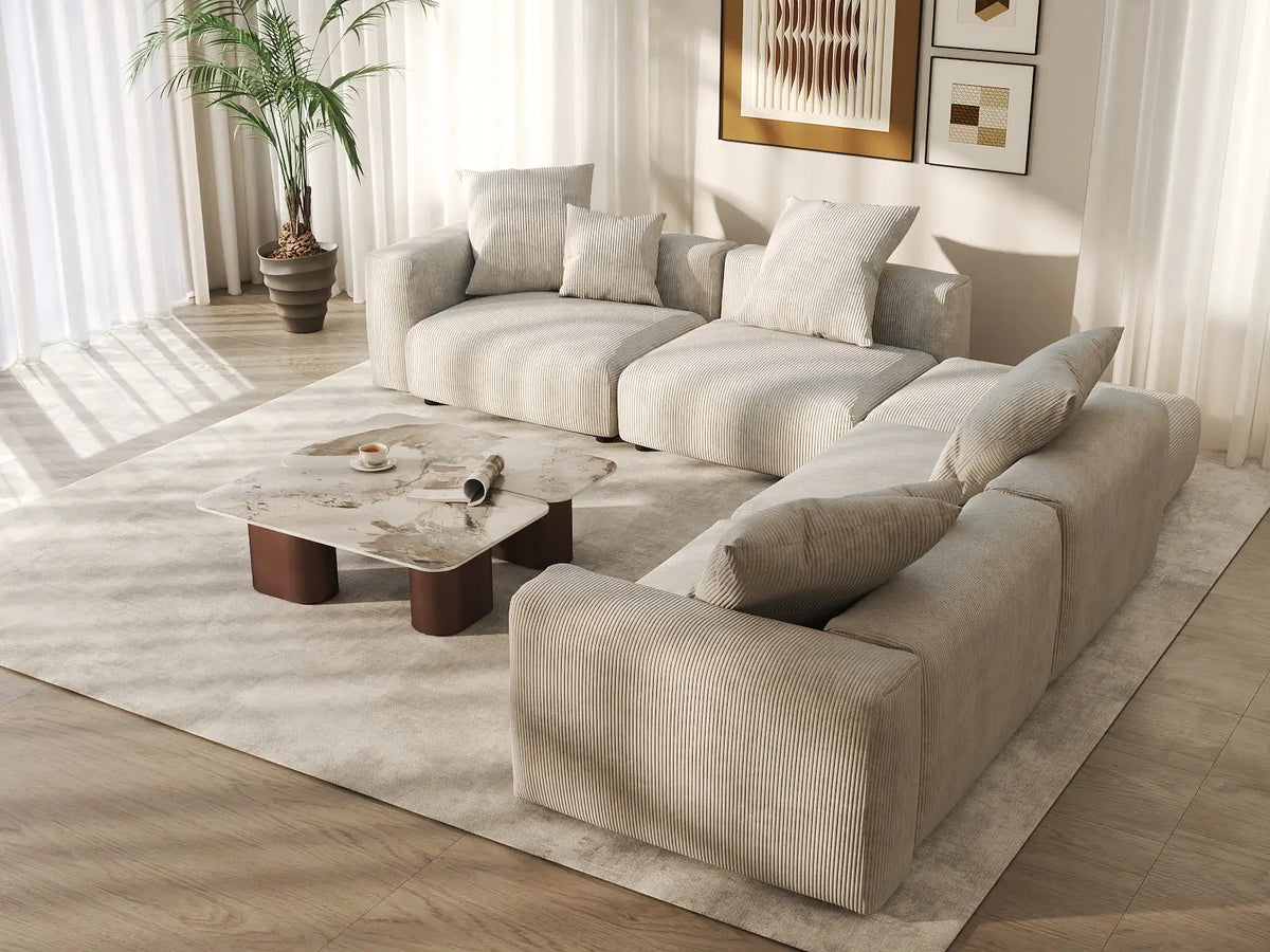 Matrix 4-Seater Beige Washable V-Shaped Sectional | 5-Piece (includes 1 Ottoman), Corduroy Fabric, Modular Design