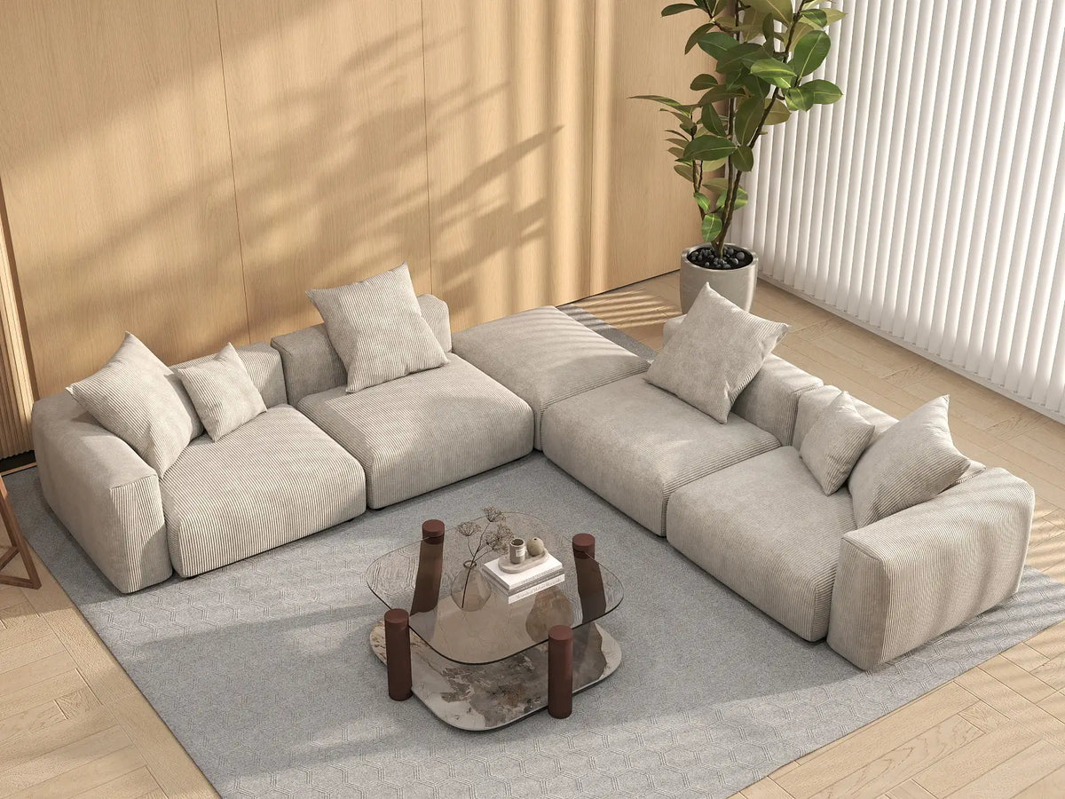 Matrix 4-Seater Beige Washable V-Shaped Sectional | 5-Piece (includes 1 Ottoman), Corduroy Fabric, Modular Design