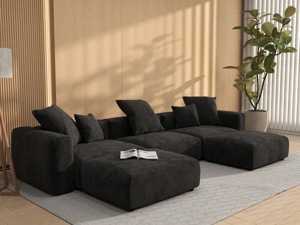 Matrix 3-Seater Black Washable U-Shaped Sectional | 5-Piece (includes 2 Ottomans), Corduroy Fabric, Modular Design
