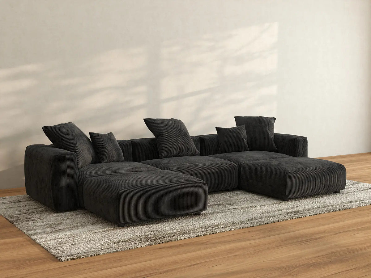 Matrix 3-Seater Black Washable U-Shaped Sectional | 5-Piece (includes 2 Ottomans), Corduroy Fabric, Modular Design