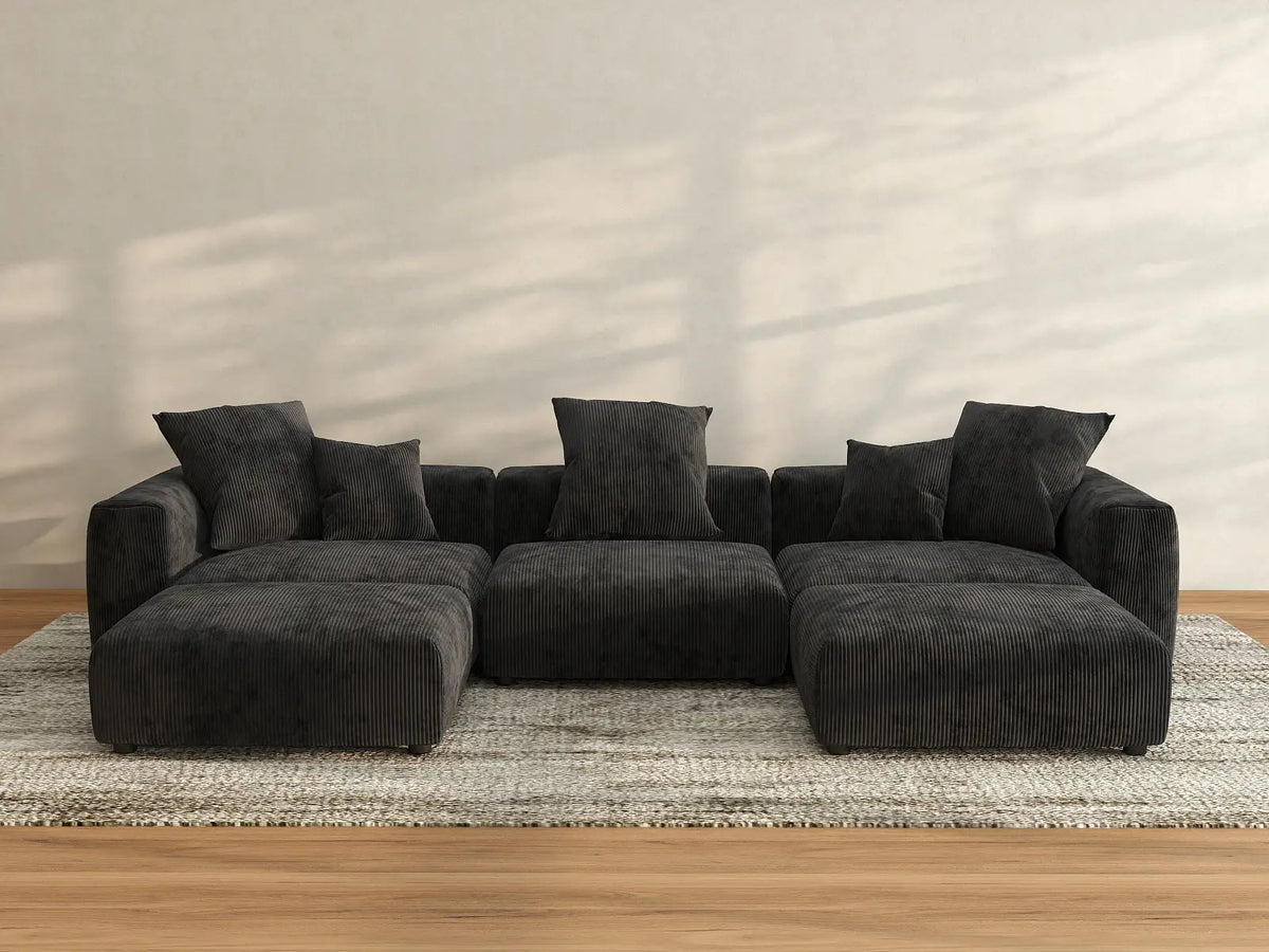 Matrix 3-Seater Black Washable U-Shaped Sectional | 5-Piece (includes 2 Ottomans), Corduroy Fabric, Modular Design