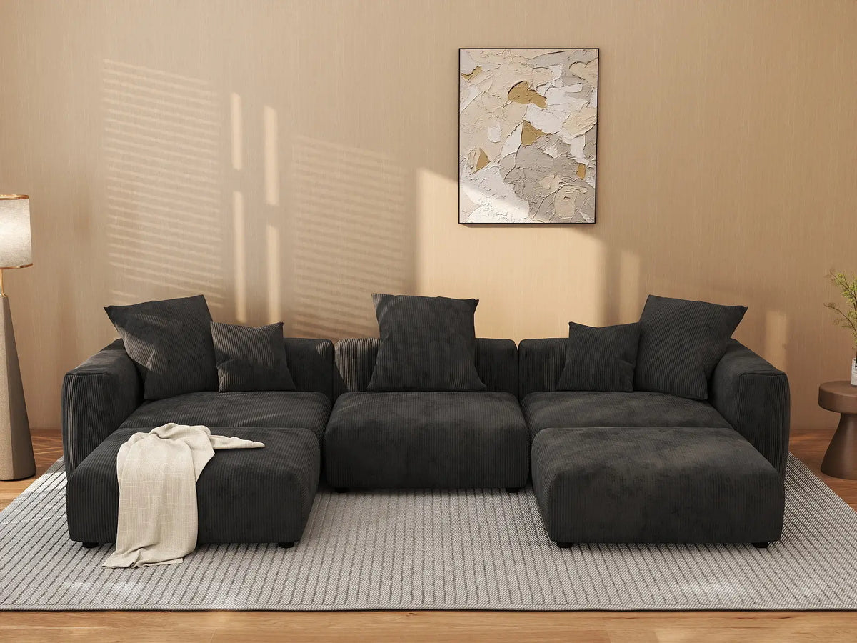 Matrix 3-Seater Black Washable U-Shaped Sectional | 5-Piece (includes 2 Ottomans), Corduroy Fabric, Modular Design