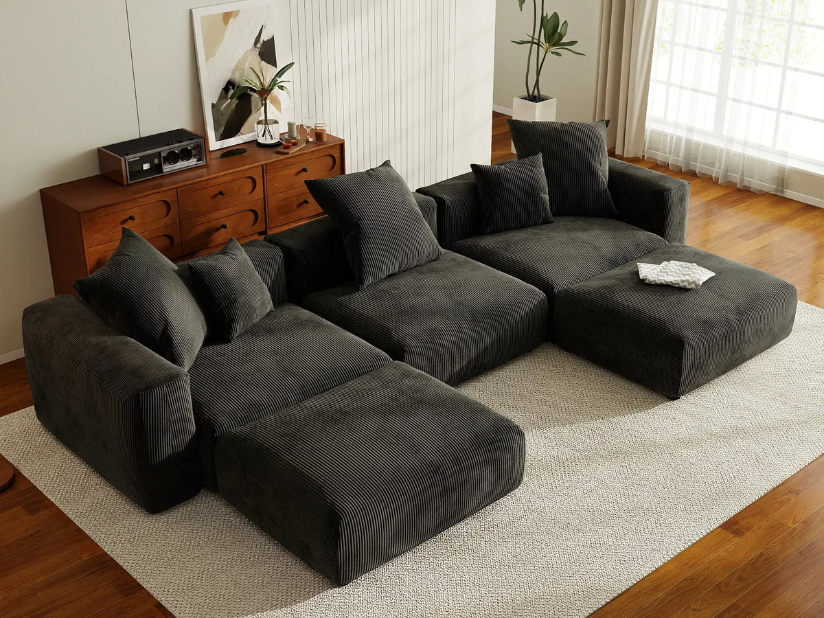 Matrix 3-Seater Black Washable U-Shaped Sectional | 5-Piece (includes 2 Ottomans), Corduroy Fabric, Modular Design