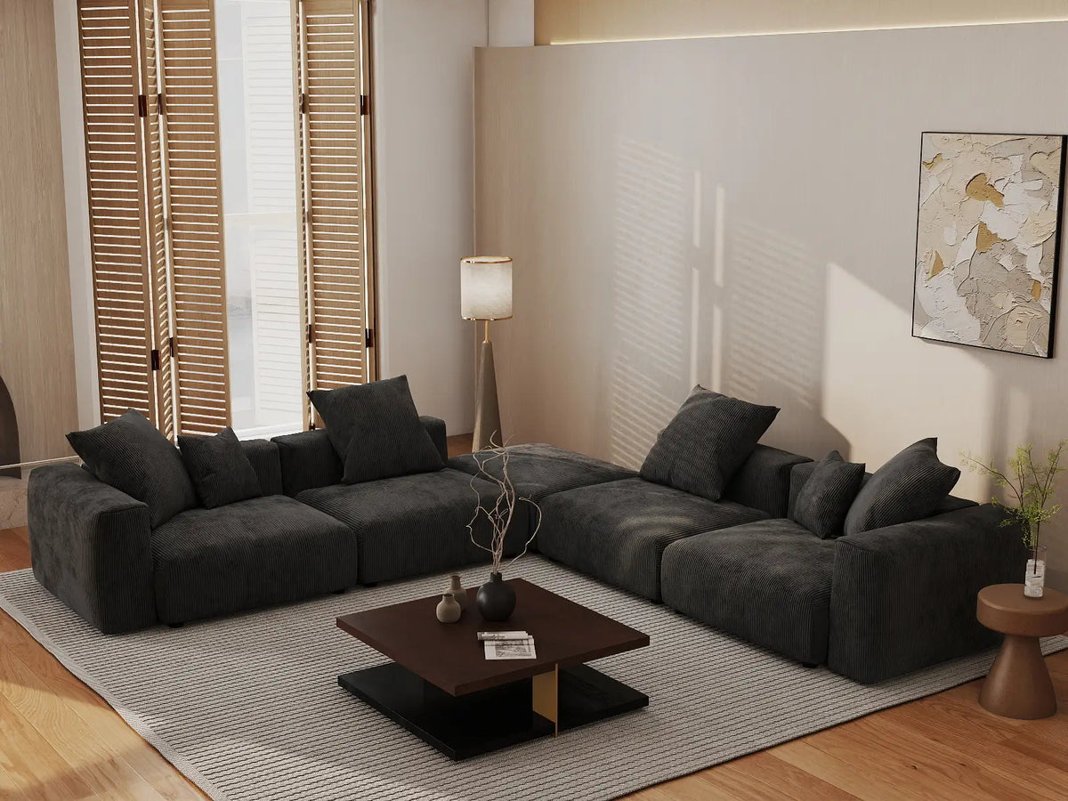 Matrix 4-Seater Black Washable V-Shaped Sectional | 5-Piece (includes 1 Ottoman), Corduroy Fabric, Modular Design