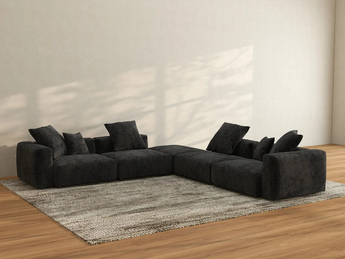 Matrix 4-Seater Black Washable V-Shaped Sectional | 5-Piece (includes 1 Ottoman), Corduroy Fabric, Modular Design