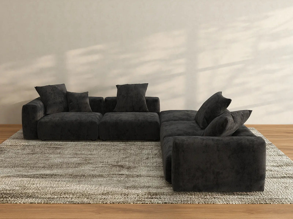 Matrix 4-Seater Black Washable V-Shaped Sectional | 5-Piece (includes 1 Ottoman), Corduroy Fabric, Modular Design