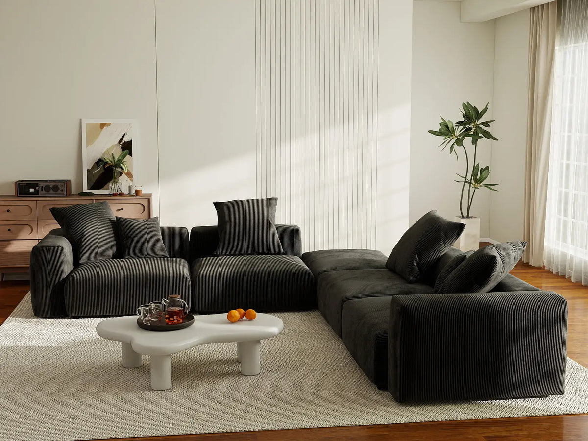 Matrix 4-Seater Black Washable V-Shaped Sectional | 5-Piece (includes 1 Ottoman), Corduroy Fabric, Modular Design