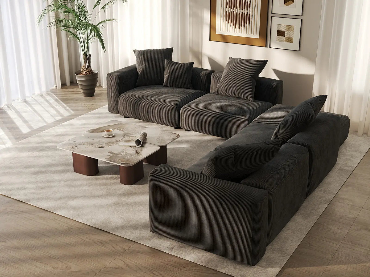 Matrix 4-Seater Black Washable V-Shaped Sectional | 5-Piece (includes 1 Ottoman), Corduroy Fabric, Modular Design