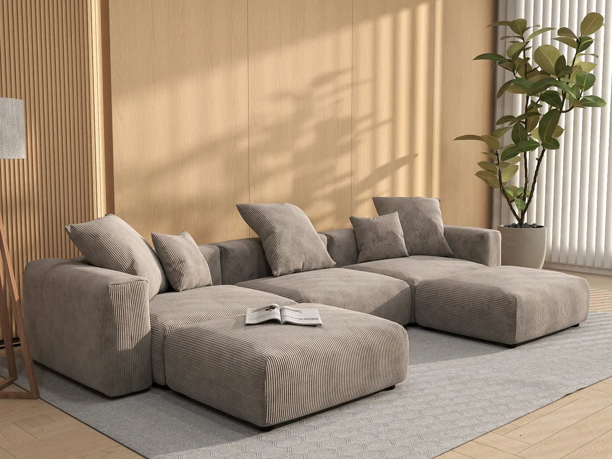 Matrix 3-Seater Brown Washable U-Shaped Sectional | 5-Piece (includes 2 Ottomans), Corduroy Fabric, Modular Design