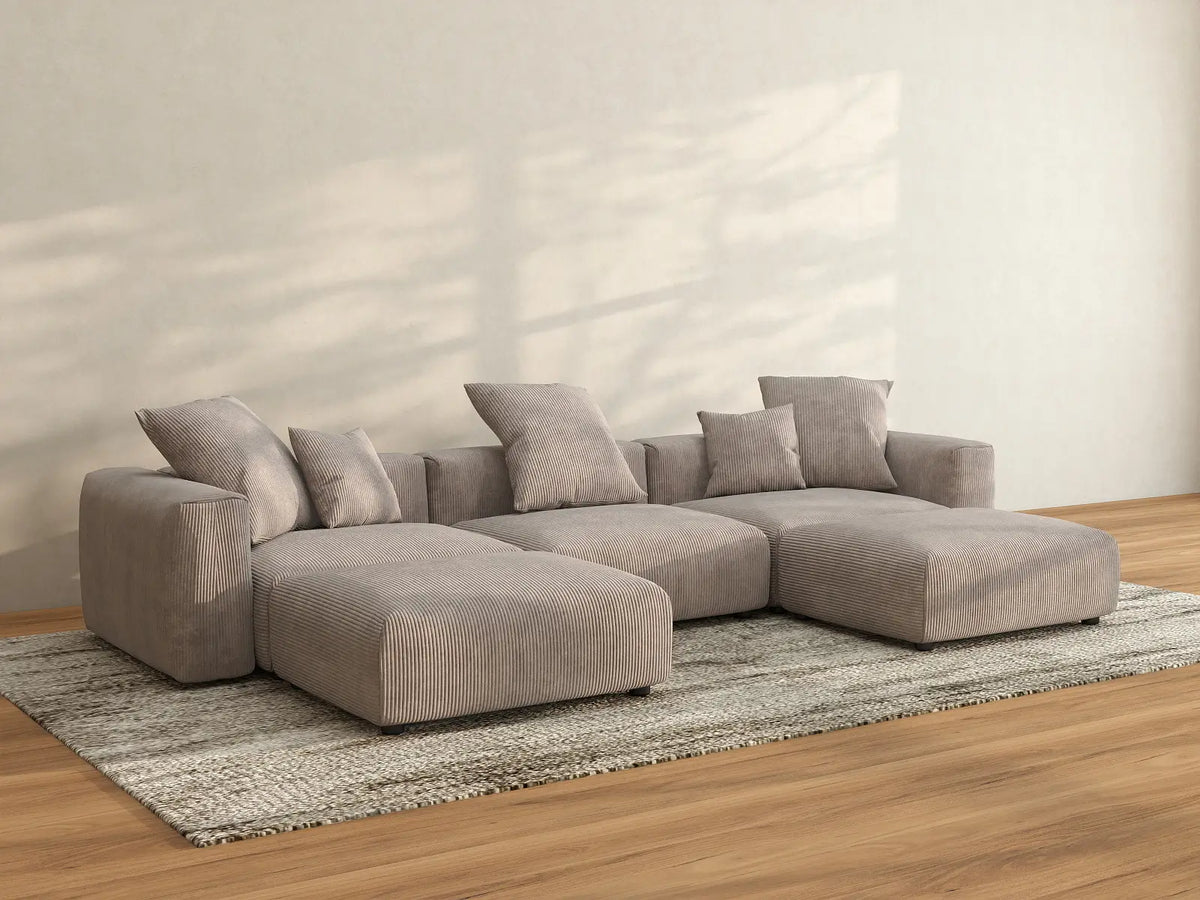 Matrix 3-Seater Brown Washable U-Shaped Sectional | 5-Piece (includes 2 Ottomans), Corduroy Fabric, Modular Design