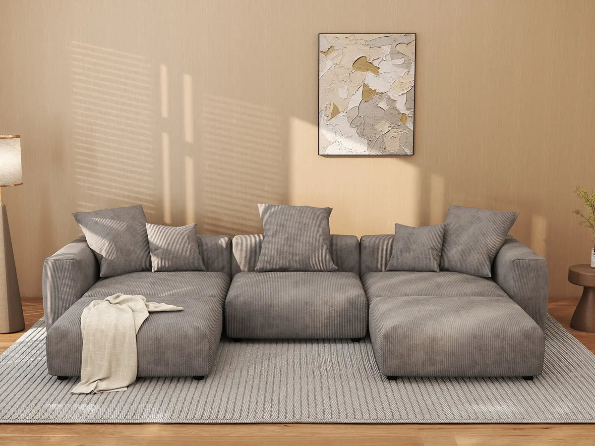 Matrix 3-Seater Brown Washable U-Shaped Sectional | 5-Piece (includes 2 Ottomans), Corduroy Fabric, Modular Design