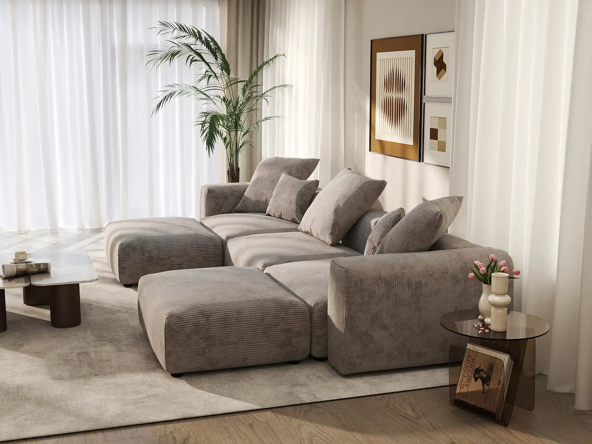 Matrix 3-Seater Brown Washable U-Shaped Sectional | 5-Piece (includes 2 Ottomans), Corduroy Fabric, Modular Design