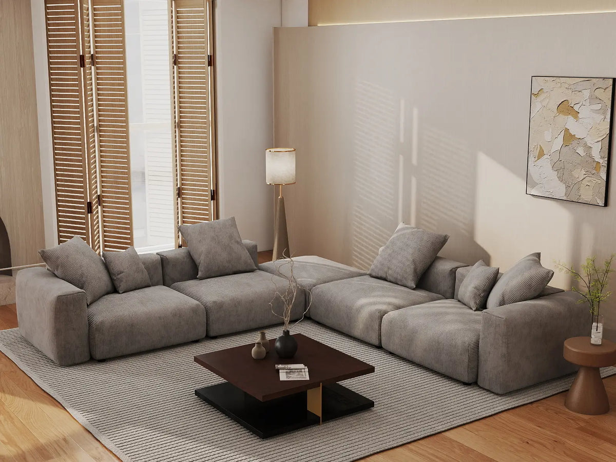 Matrix 4-Seater Brown Washable V-Shaped Sectional | 5-Piece (includes 1 Ottoman), Corduroy Fabric, Modular Design