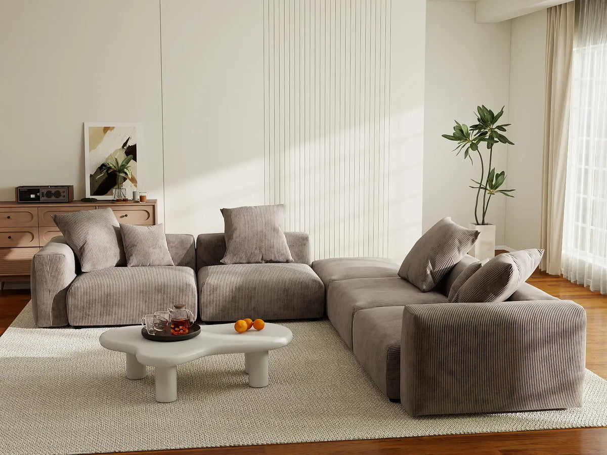 Matrix 4-Seater Brown Washable V-Shaped Sectional | 5-Piece (includes 1 Ottoman), Corduroy Fabric, Modular Design