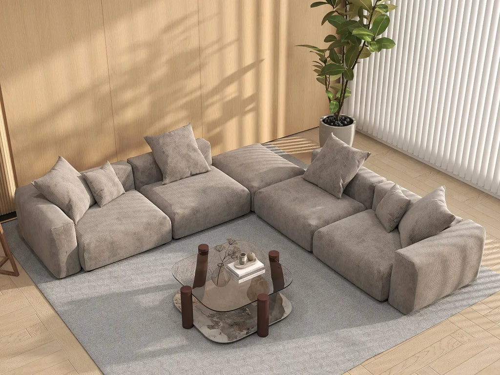 Matrix 4-Seater Brown Washable V-Shaped Sectional | 5-Piece (includes 1 Ottoman), Corduroy Fabric, Modular Design
