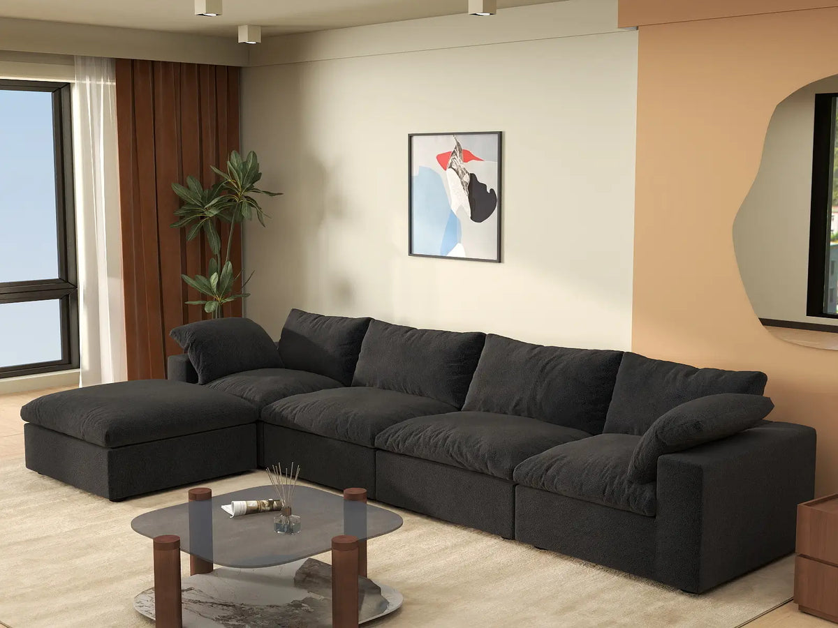 Deluxe Cloud 4-Seater Black Storage L-Shaped Sectional | 5-Piece (includes 1 Ottoman), Cotton and Linen Fabric, Washable Covers