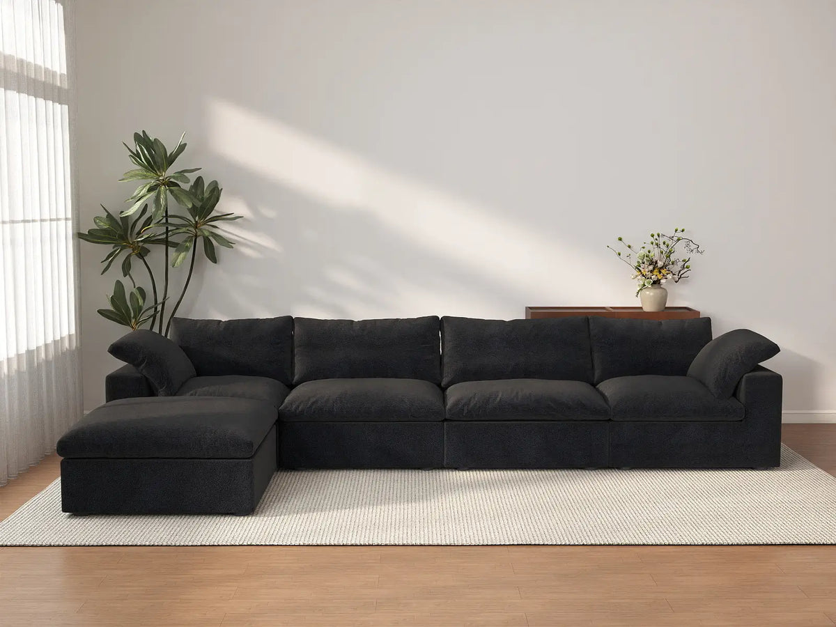 Deluxe Cloud 4-Seater Black Storage L-Shaped Sectional | 5-Piece (includes 1 Ottoman), Cotton and Linen Fabric, Washable Covers