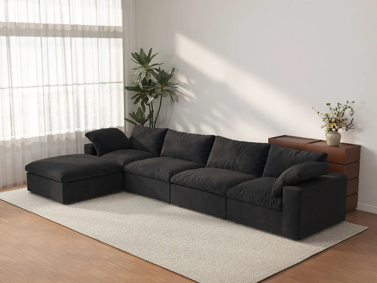 Deluxe Cloud 4-Seater Black Storage L-Shaped Sectional | 5-Piece (includes 1 Ottoman), Cotton and Linen Fabric, Washable Covers