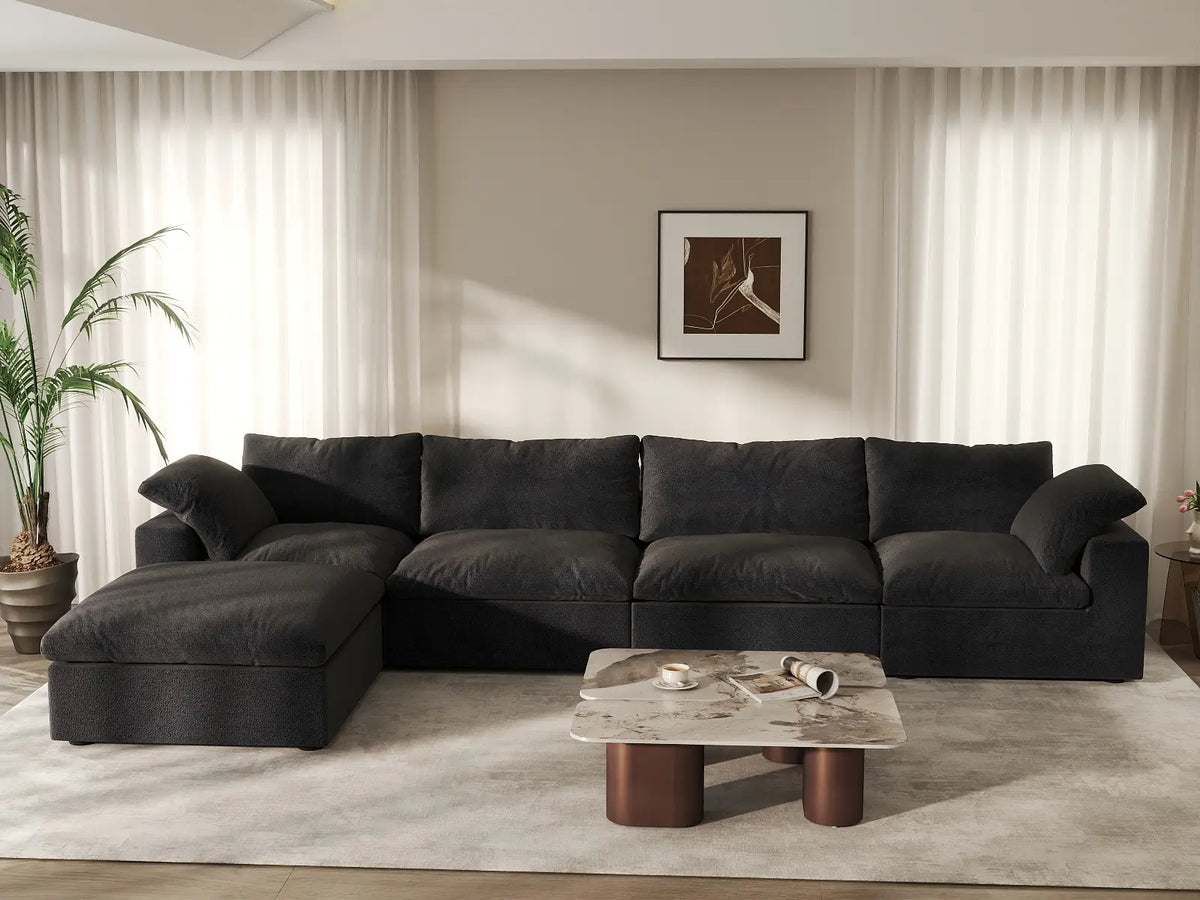 Deluxe Cloud 4-Seater Black Storage L-Shaped Sectional | 5-Piece (includes 1 Ottoman), Cotton and Linen Fabric, Washable Covers