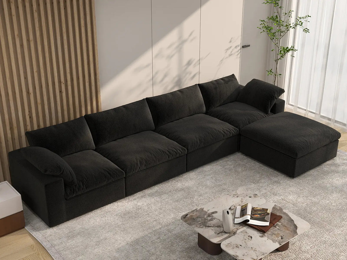 Deluxe Cloud 4-Seater Black Storage L-Shaped Sectional | 5-Piece (includes 1 Ottoman), Cotton and Linen Fabric, Washable Covers