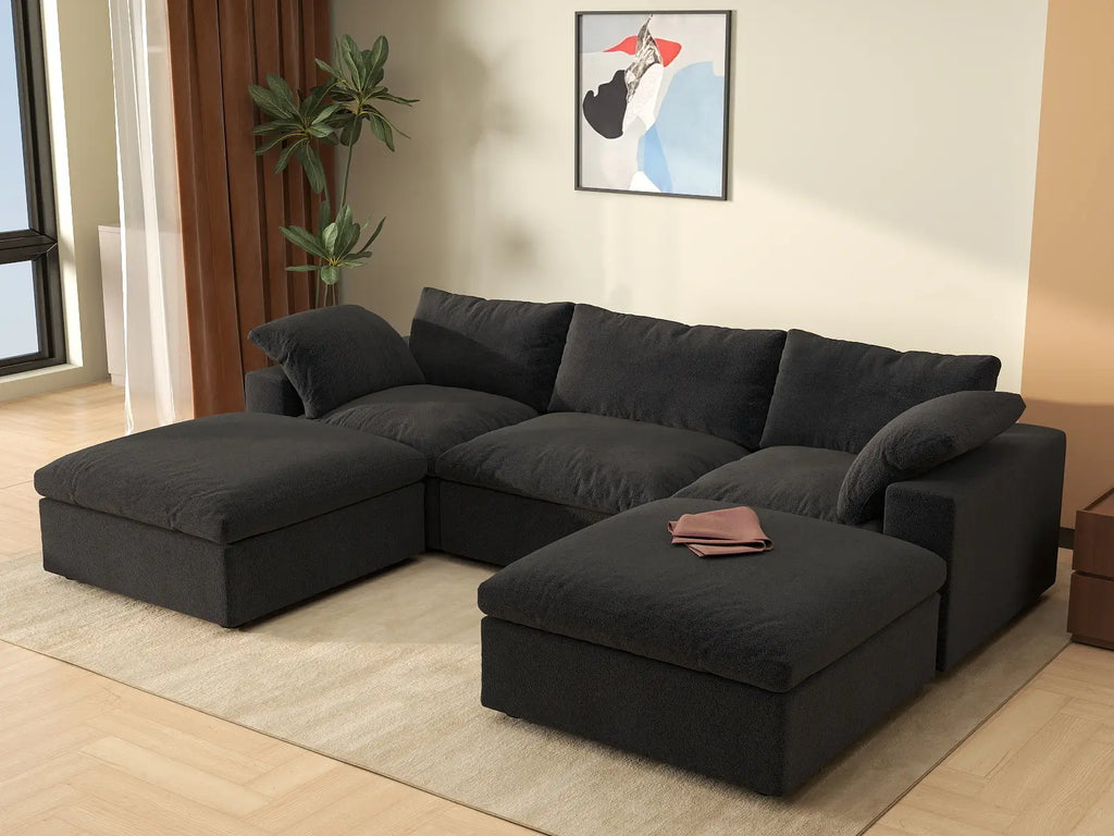 Deluxe Cloud 3-Seater Black Storage U-Shaped Sectional | 5-Piece (includes 2 Ottomans), Cotton and Linen Fabric, Washable Covers