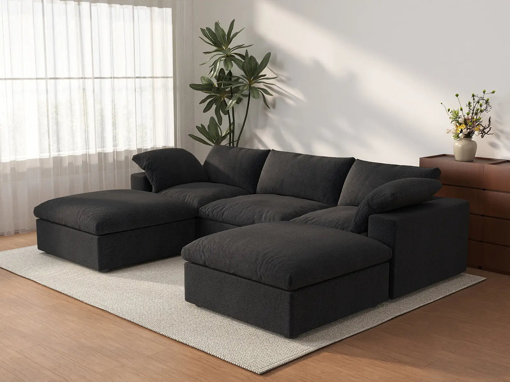 Deluxe Cloud 3-Seater Black Storage U-Shaped Sectional | 5-Piece (includes 2 Ottomans), Cotton and Linen Fabric, Washable Covers