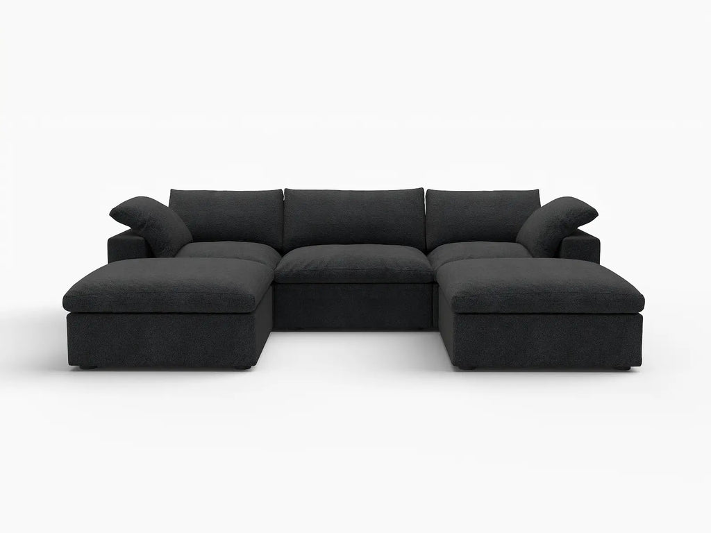 Deluxe Cloud 3-Seater Black Storage U-Shaped Sectional | 5-Piece (includes 2 Ottomans), Cotton and Linen Fabric, Washable Covers