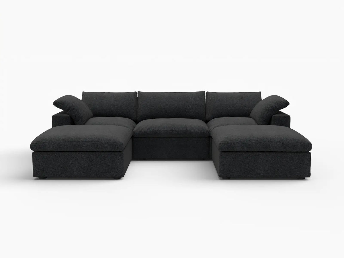 Deluxe Cloud 3-Seater Black Storage U-Shaped Sectional | 5-Piece (includes 2 Ottomans), Cotton and Linen Fabric, Washable Covers