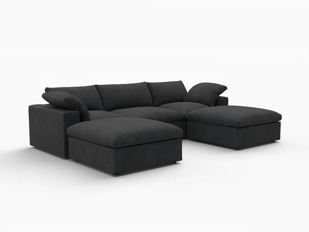 Deluxe Cloud 3-Seater Black Storage U-Shaped Sectional | 5-Piece (includes 2 Ottomans), Cotton and Linen Fabric, Washable Covers