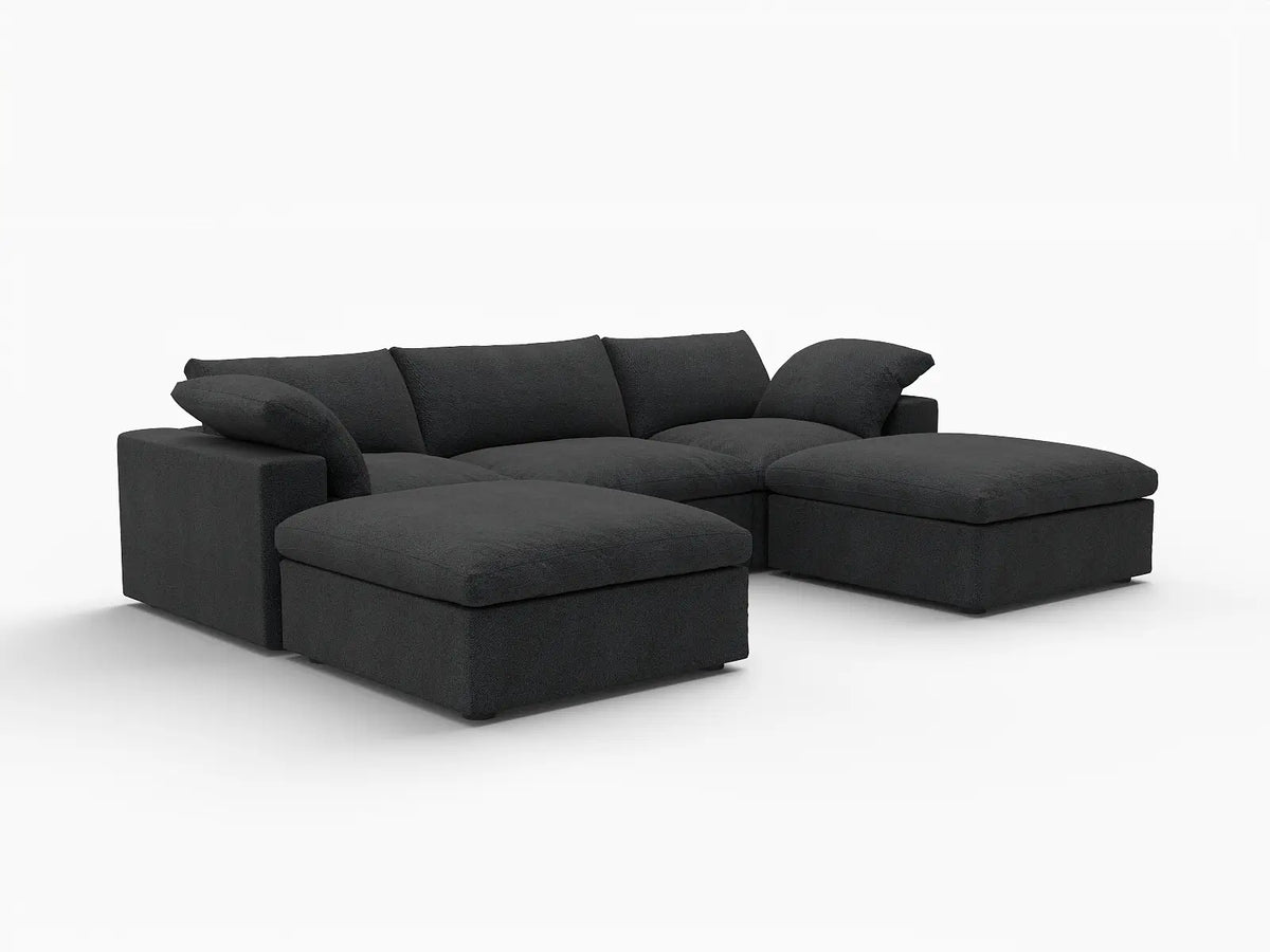 Deluxe Cloud 3-Seater Black Storage U-Shaped Sectional | 5-Piece (includes 2 Ottomans), Cotton and Linen Fabric, Washable Covers