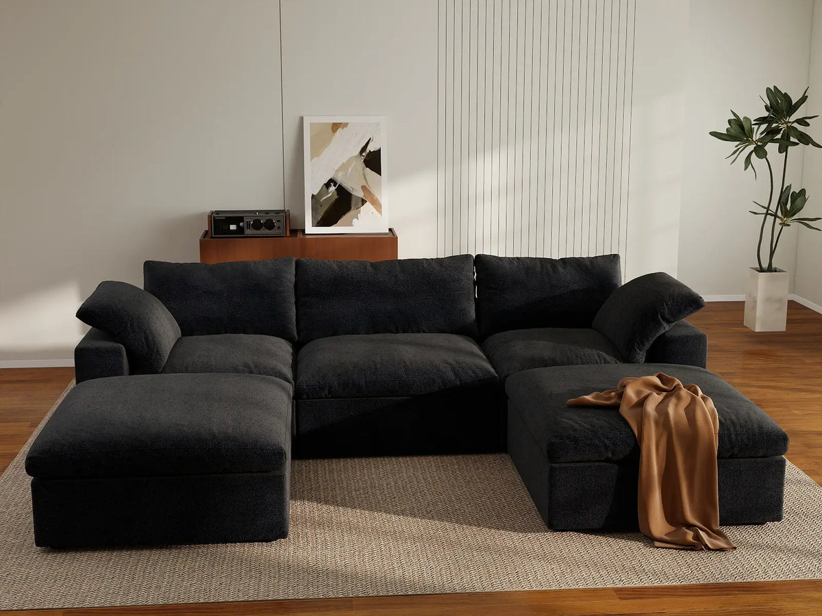 Deluxe Cloud 3-Seater Black Storage U-Shaped Sectional | 5-Piece (includes 2 Ottomans), Cotton and Linen Fabric, Washable Covers
