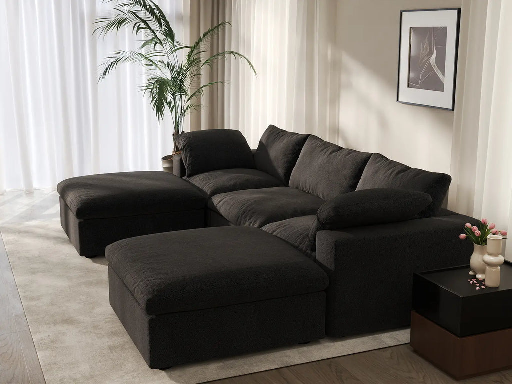 Deluxe Cloud 3-Seater Black Storage U-Shaped Sectional | 5-Piece (includes 2 Ottomans), Cotton and Linen Fabric, Washable Covers
