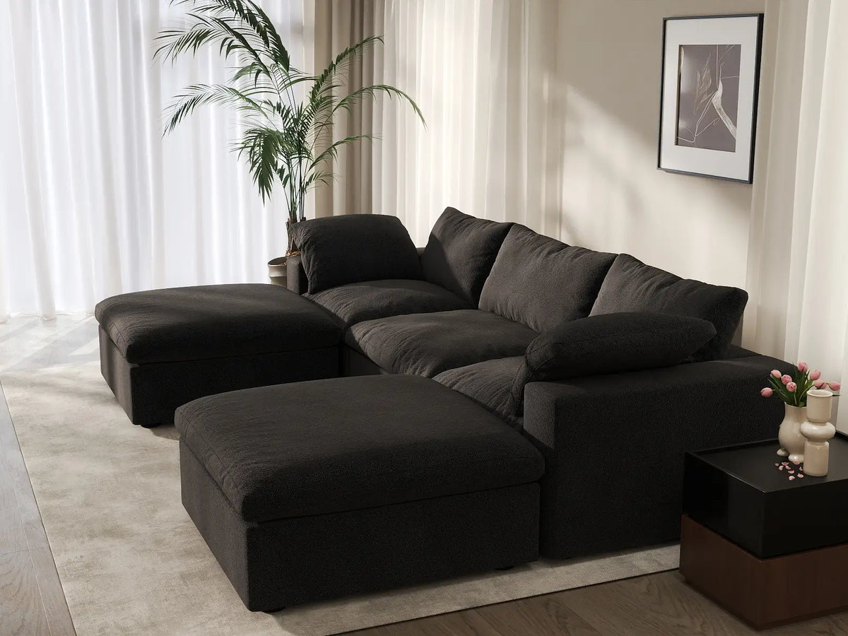 Deluxe Cloud 3-Seater Black Storage U-Shaped Sectional | 5-Piece (includes 2 Ottomans), Cotton and Linen Fabric, Washable Covers