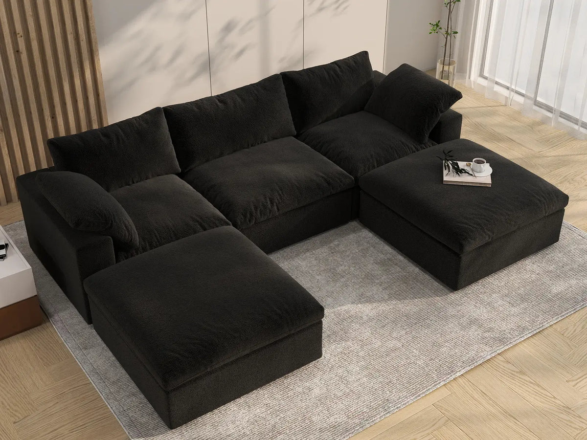 Deluxe Cloud 3-Seater Black Storage U-Shaped Sectional | 5-Piece (includes 2 Ottomans), Cotton and Linen Fabric, Washable Covers