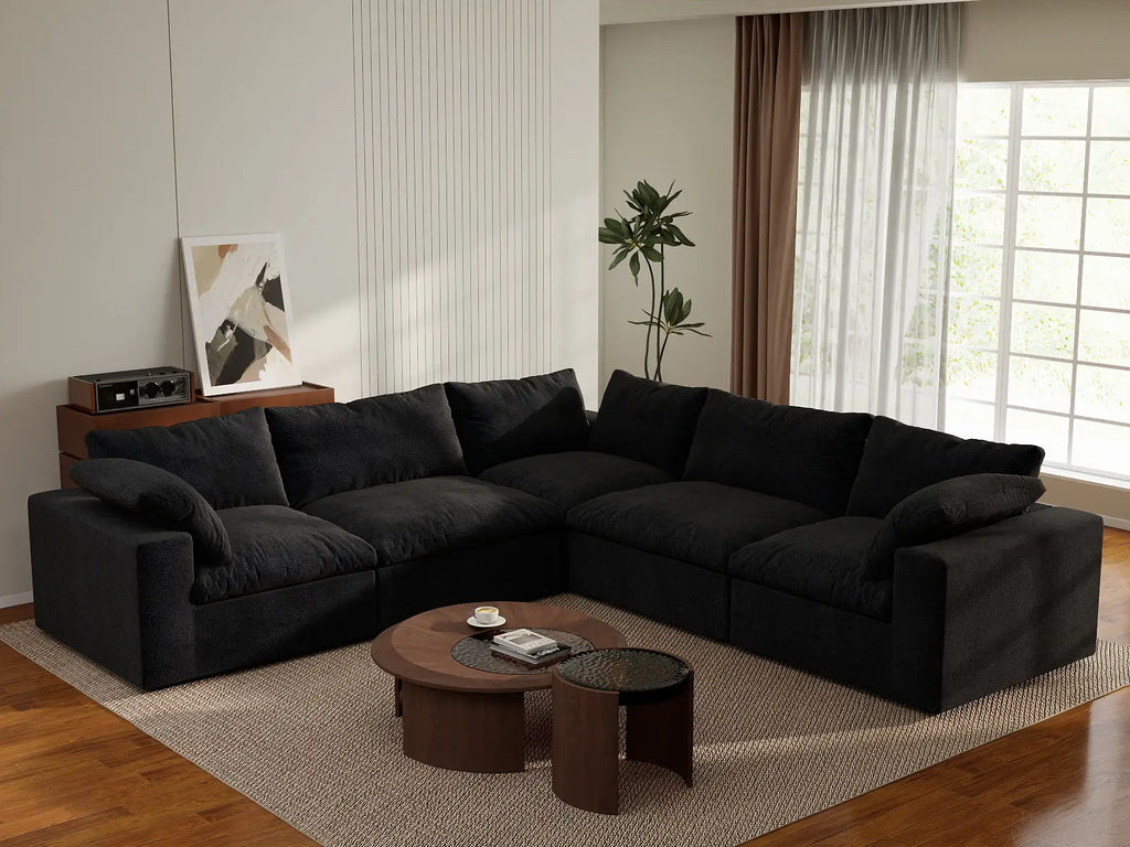 Deluxe Cloud 5-Seater Black Washable V-Shaped Sectional | 5-Piece, Cotton and Linen Fabric, Modular Design