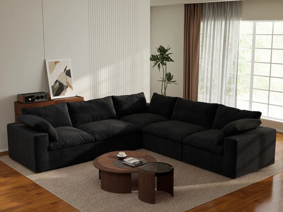 Deluxe Cloud 5-Seater Black Washable V-Shaped Sectional | 5-Piece, Cotton and Linen Fabric, Modular Design