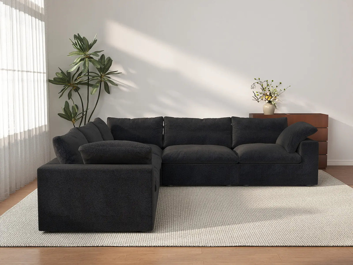 Deluxe Cloud 5-Seater Black Washable V-Shaped Sectional | 5-Piece, Cotton and Linen Fabric, Modular Design