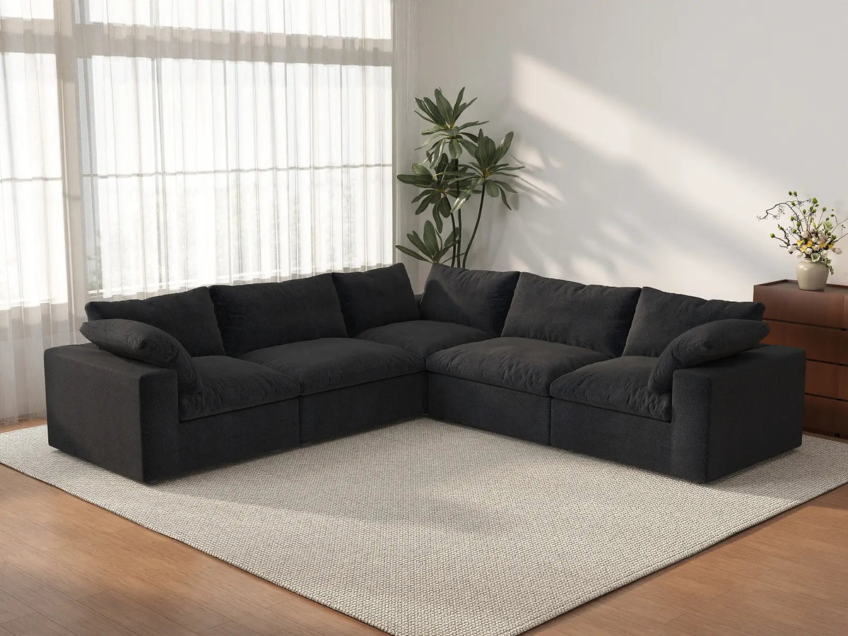 Deluxe Cloud 5-Seater Black Washable V-Shaped Sectional | 5-Piece, Cotton and Linen Fabric, Modular Design
