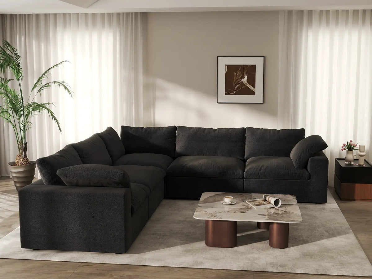 Deluxe Cloud 5-Seater Black Washable V-Shaped Sectional | 5-Piece, Cotton and Linen Fabric, Modular Design