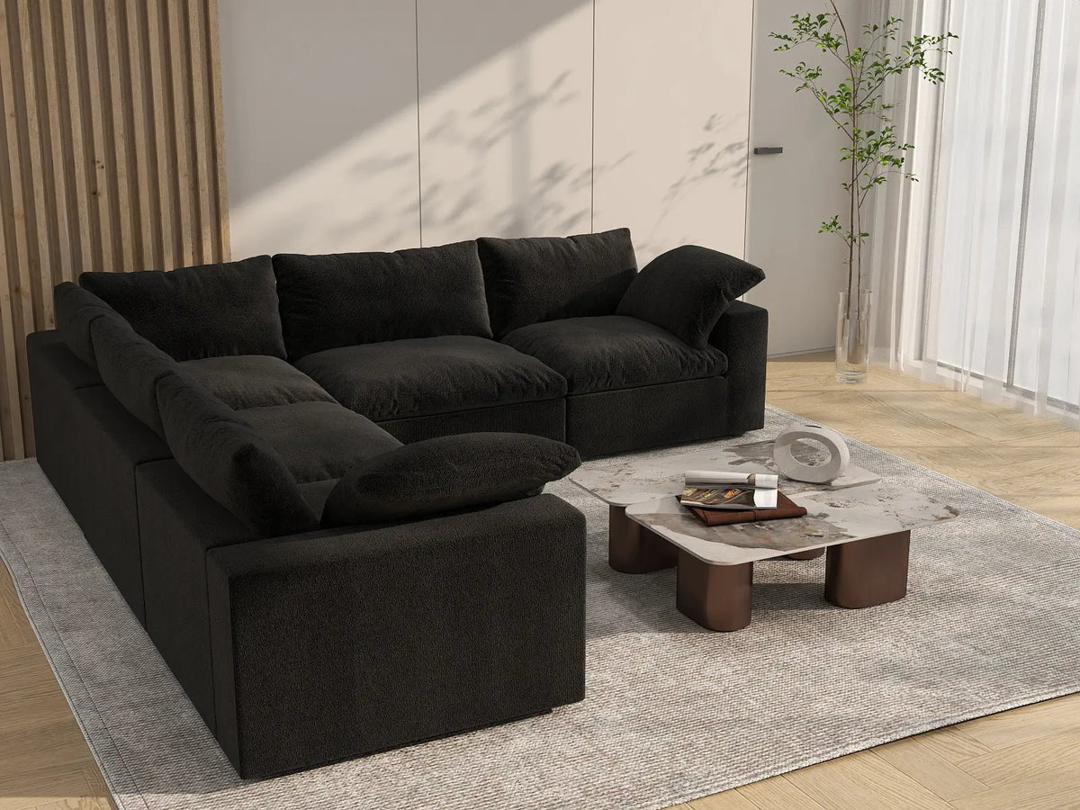Deluxe Cloud 5-Seater Black Washable V-Shaped Sectional | 5-Piece, Cotton and Linen Fabric, Modular Design
