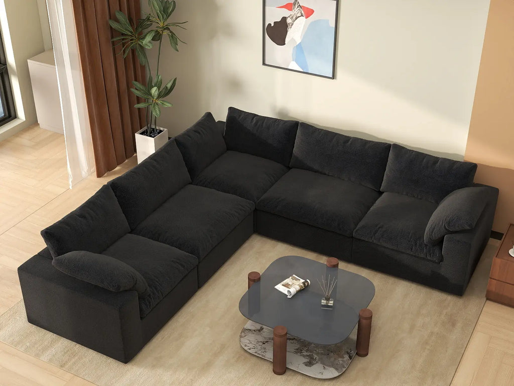 Deluxe Cloud 5-Seater Black Washable V-Shaped Sectional | 5-Piece, Cotton and Linen Fabric, Modular Design