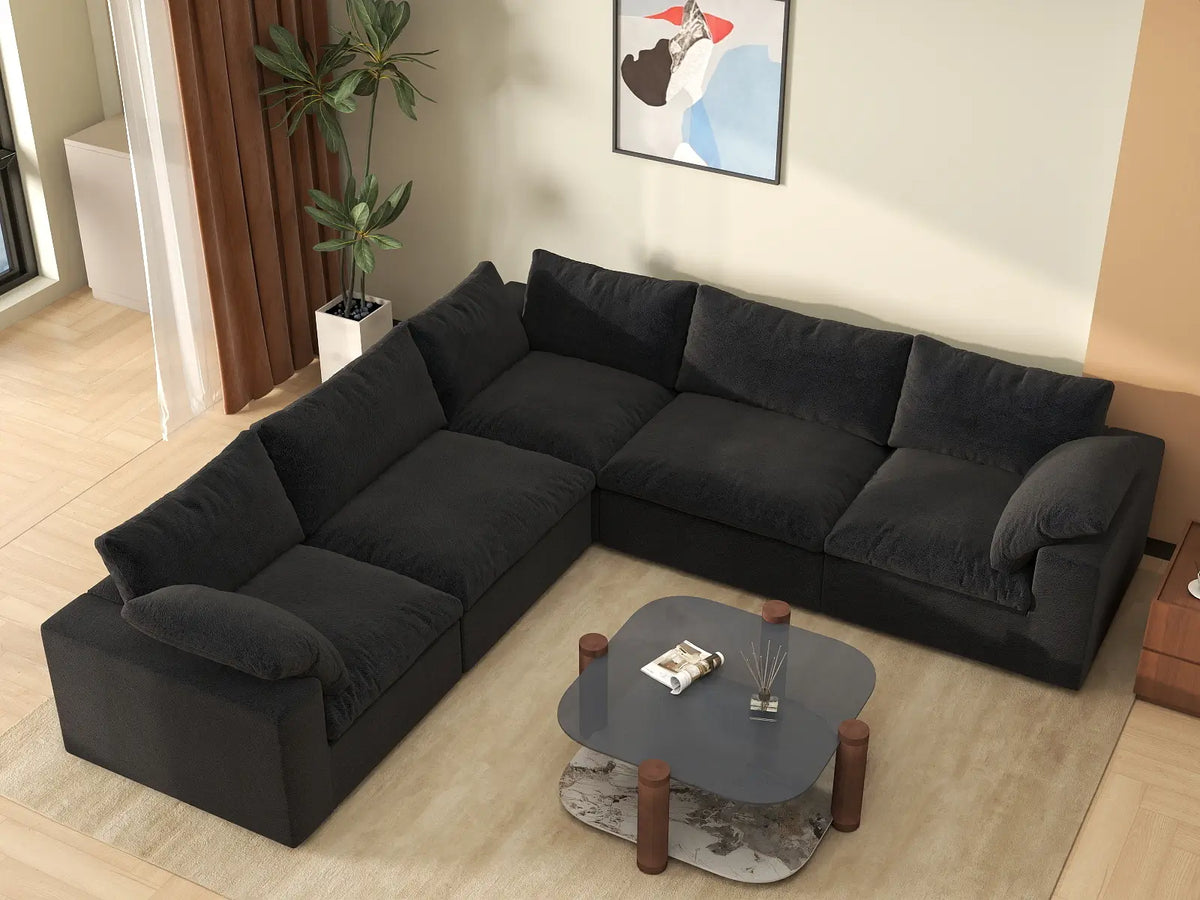 Deluxe Cloud 5-Seater Black Washable V-Shaped Sectional | 5-Piece, Cotton and Linen Fabric, Modular Design